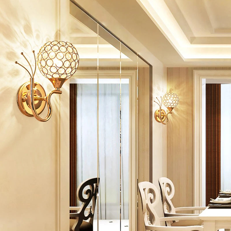 Decorative Crystal Globe Bathroom Wall Sconce in Gold