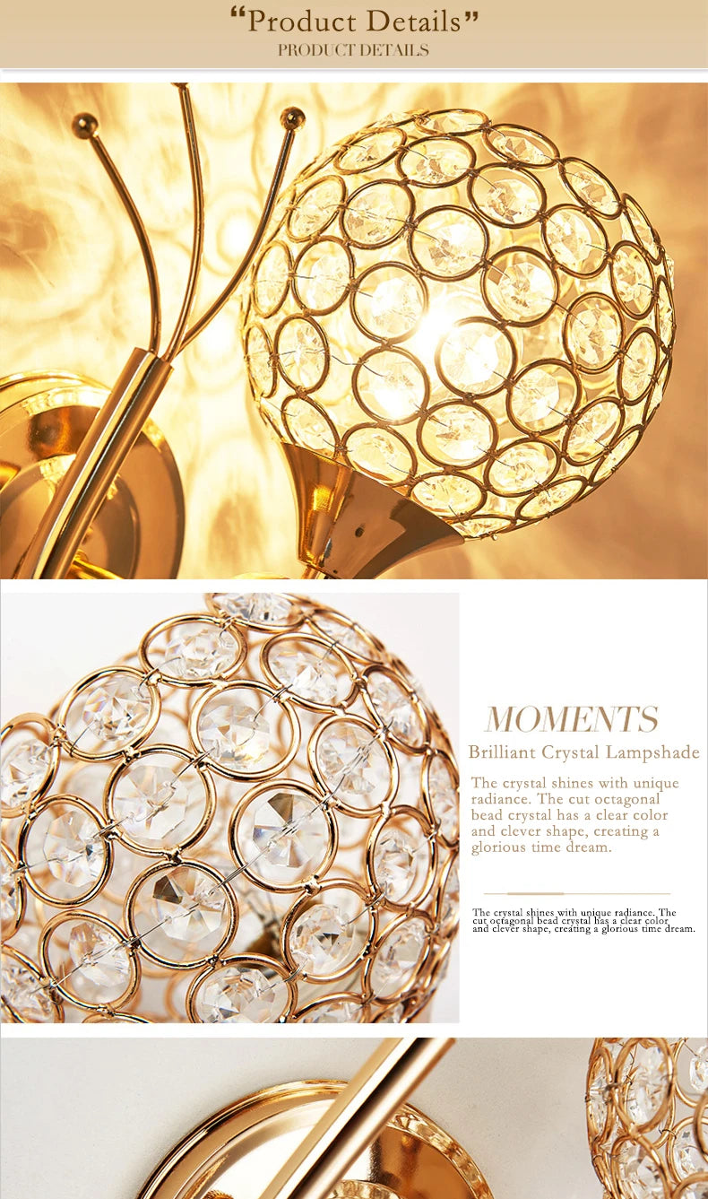 Decorative Crystal Globe Bathroom Wall Sconce in Gold