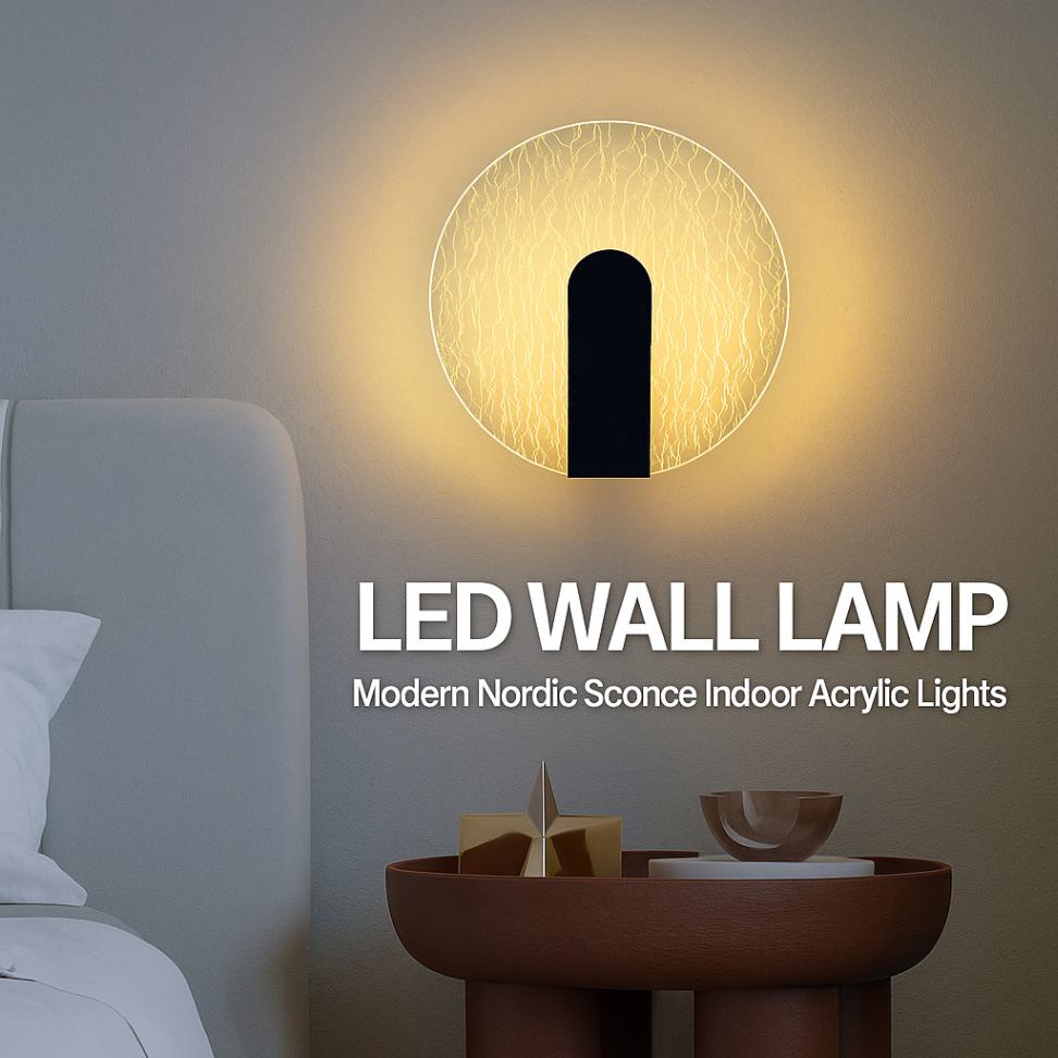 A modern bed with a lamp on it, set against a clean white wall, featuring a stylish LED bathroom wall sconce.