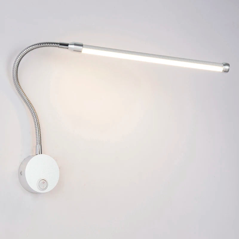 fully extended gooseneck LED sconce light in silver finish mounted on white wall with built-in on-off button control