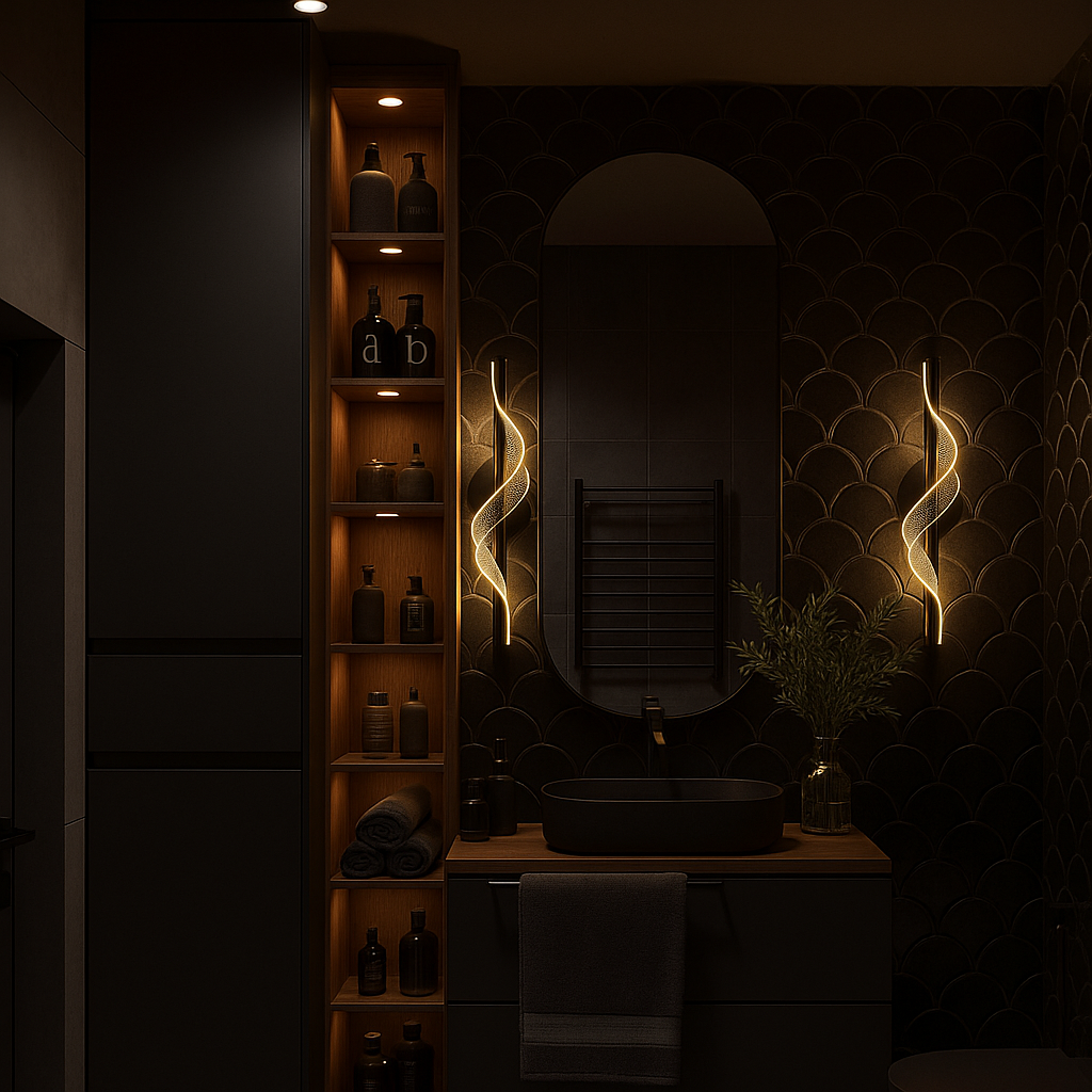 A bathroom scene that includes a sink, toilet, and a shelf for towels and toiletries.