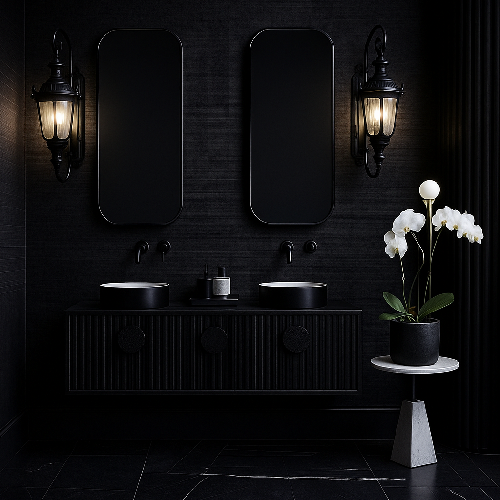 Moody black bathroom with twin mirrors, wall-mounted lantern sconces, double vessel sinks, and an orchid centerpiece on a marble pedestal a blend of vintage charm and modern elegance.