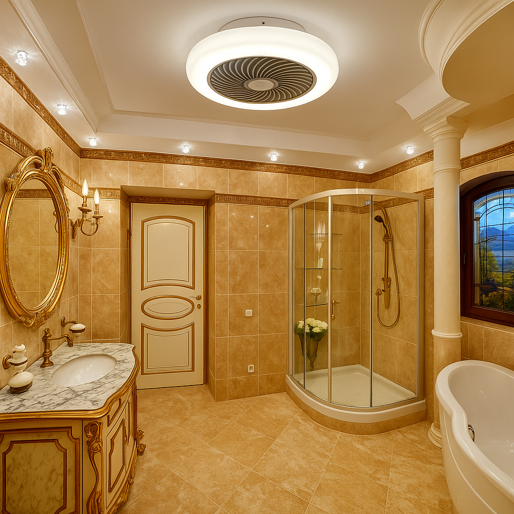 Elegant ceiling fan with integrated LED light, installed in a luxurious, vintage-style bathroom featuring gold accents, marble sink, and glass-enclosed shower.