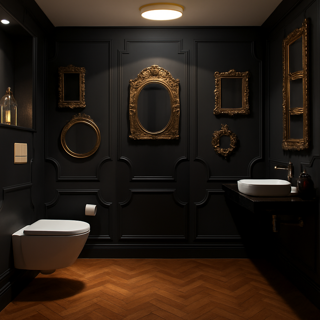Modern black bathroom adorned with stylish gold-framed artwork on the walls.