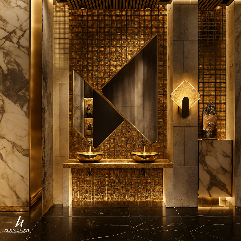 A chic bathroom adorned with gold accents and polished marble walls, exuding a sense of luxury and refinement.