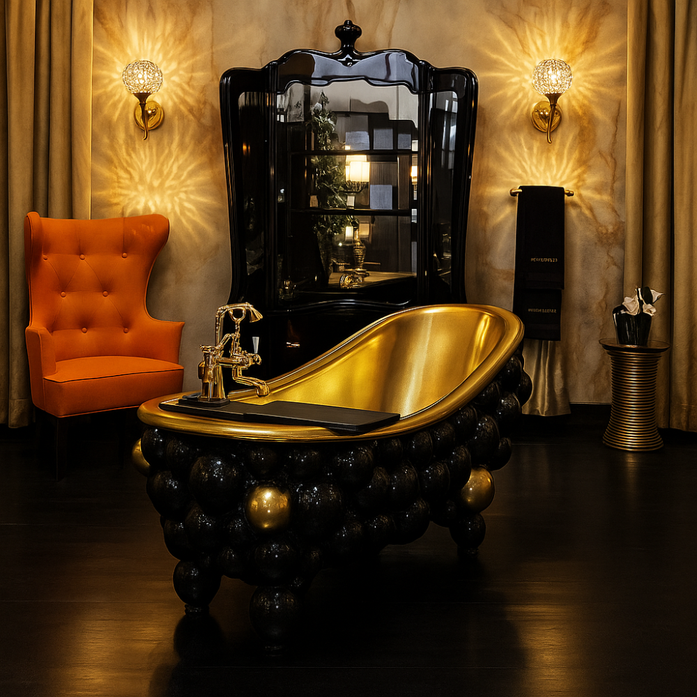A stylish bathtub adorned with gold balls and a mirror, featuring a decorative Crystal Globe on the edge.