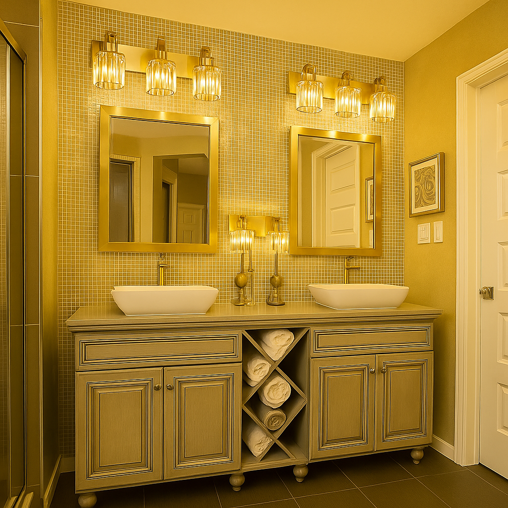 double sink bathroom with crystal vanity lights and gold framed mirrors