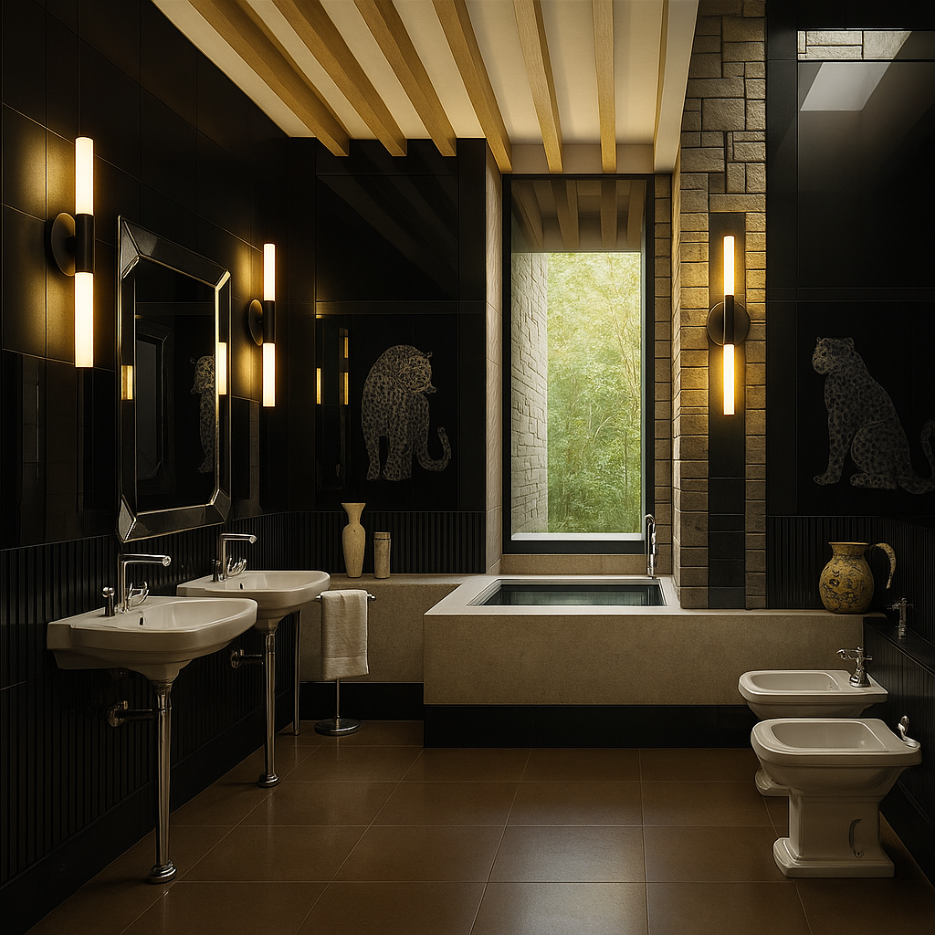 Modern bathroom featuring cylindrical LED wall sconces in matte black and brushed gold, providing soft vertical lighting beside mirrors and bathtub.

