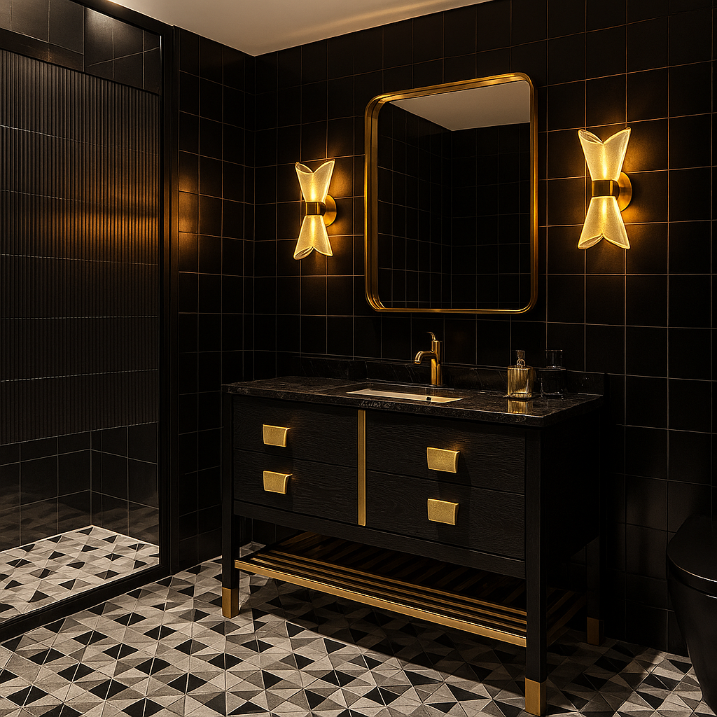 A stylish bathroom featuring black and gold accents, a mirror, and Spiral Mesh LED lighting for a modern touch.