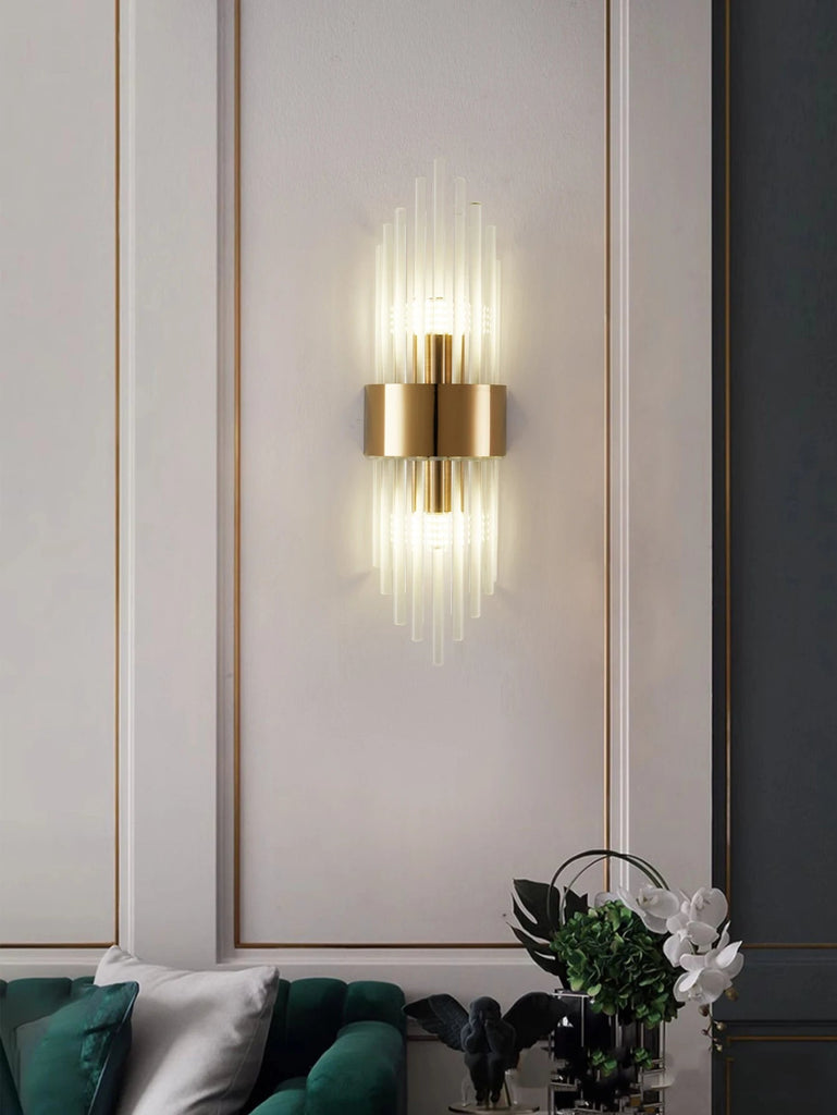 Elegant gold crystal bathroom wall sconce with stainless steel construction, perfect for upscale vanity lighting.