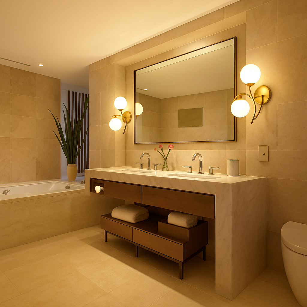 Elegant golden globe bathroom wall sconces with dual frosted glass bulbs flanking a modern vanity mirror, adding ambient lighting to a beige luxury bathroom.