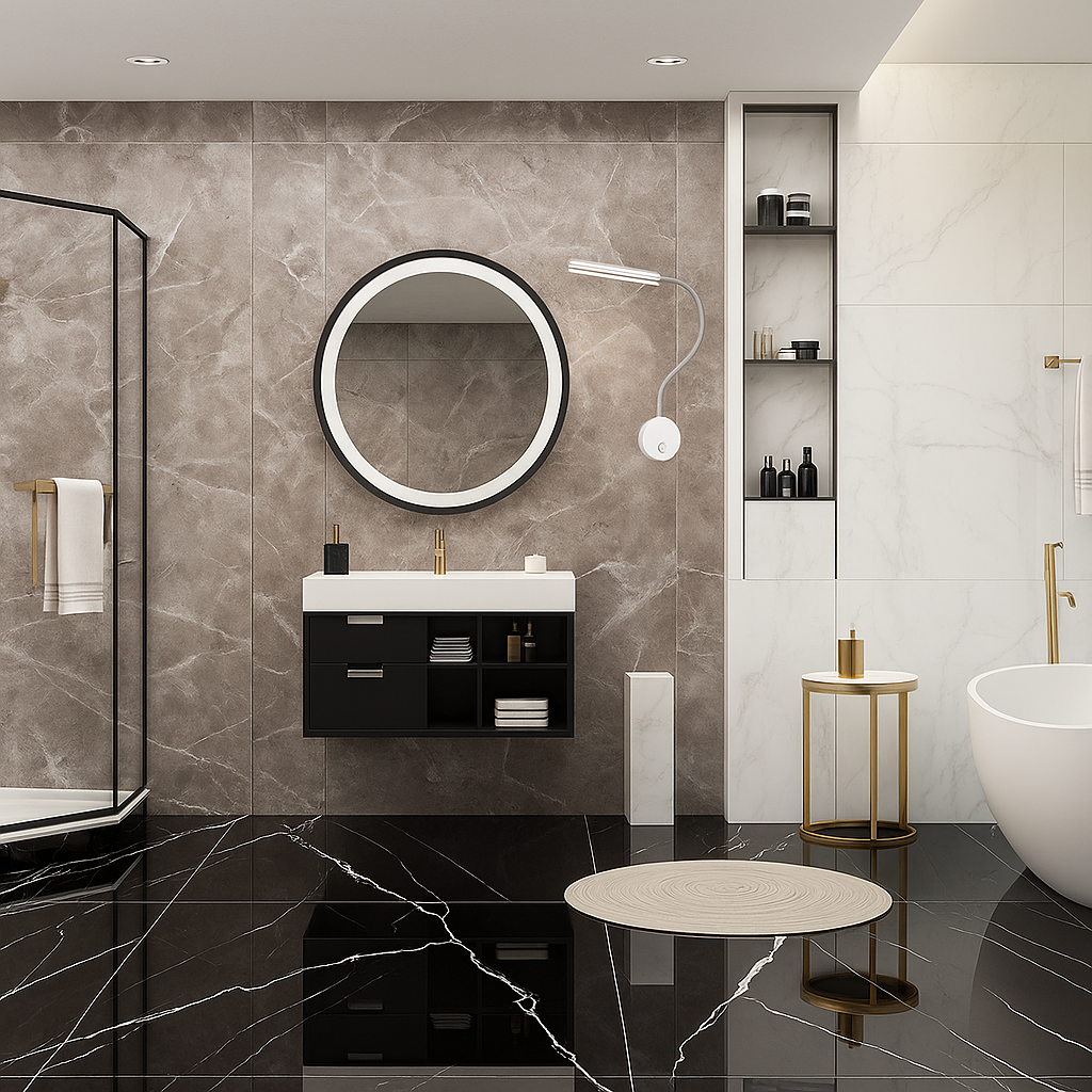 sleek gooseneck LED wall sconce mounted beside round mirror in a luxury bathroom with marble and matte tile finishes