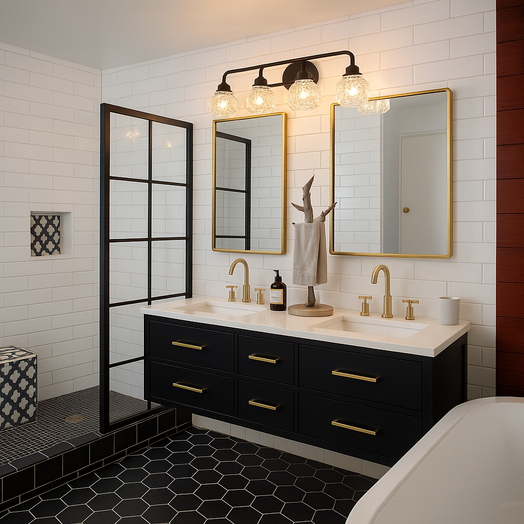 Industrial-style black vanity light with four clear textured glass shades, installed above dual mirrors in a modern bathroom with gold accents and white subway tiles.