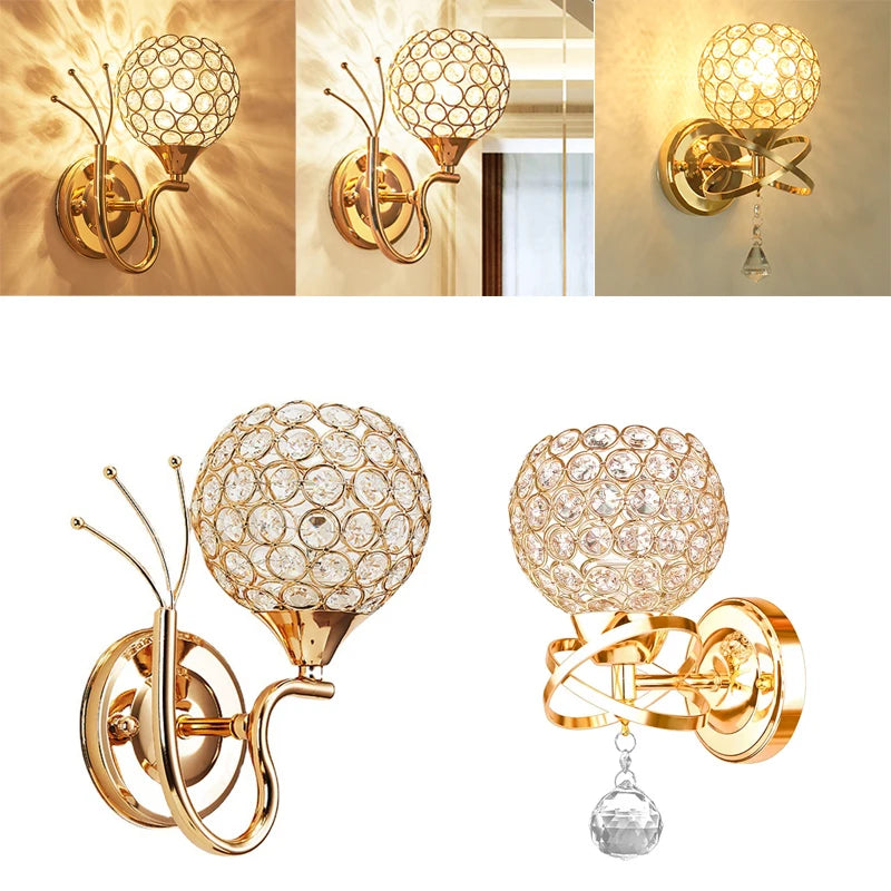 Golden wall light featuring a crystal ball, creating a warm glow with its elegant design. Perfect for adding charm to any room.