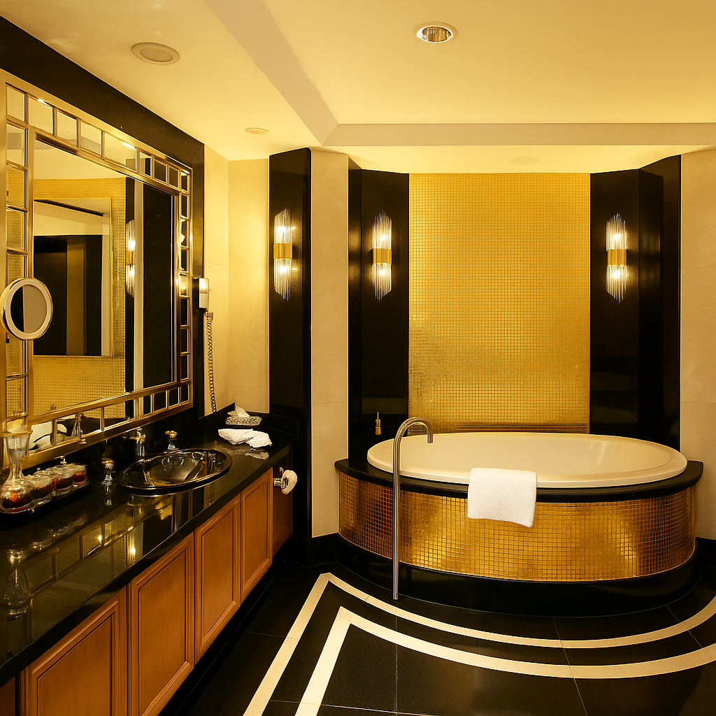 Stylish bathroom featuring wall-mounted crystal sconces with gold accents, enhancing ambient lighting around the tub.