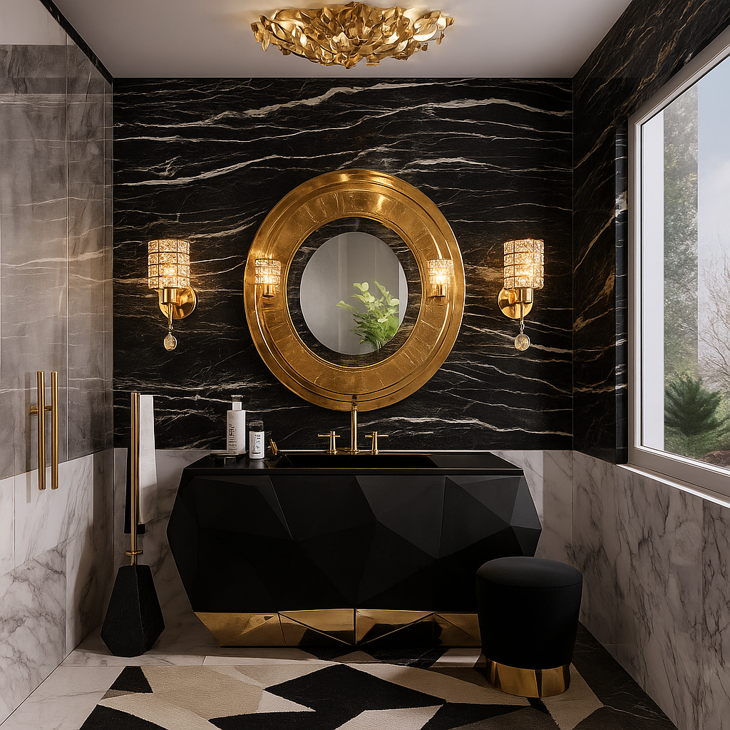 Luxury black and gold bathroom with crystal wall sconces, round gold mirror, black vanity, marble walls, and a sculptural ceiling light under natural daylight.