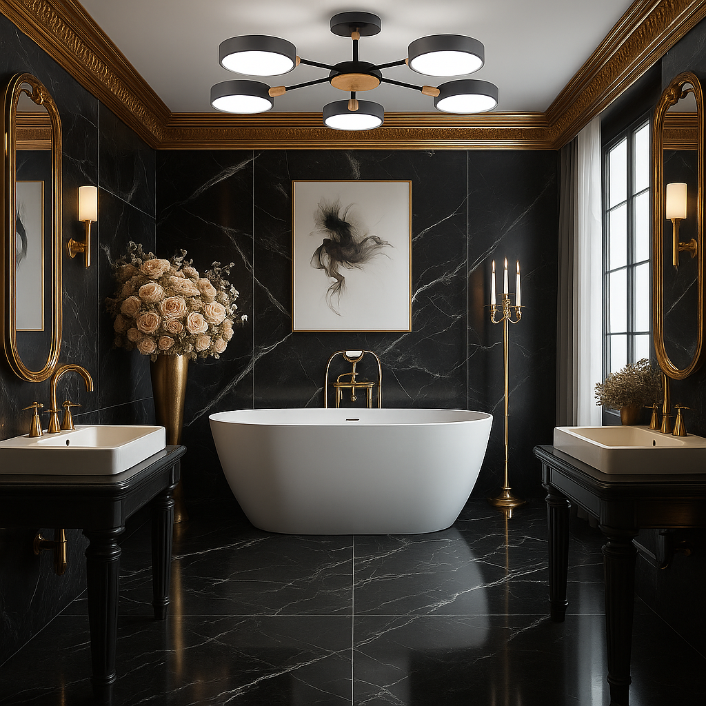 Elegant bathroom with striking black marble walls and shiny gold fixtures, creating a luxurious atmosphere.