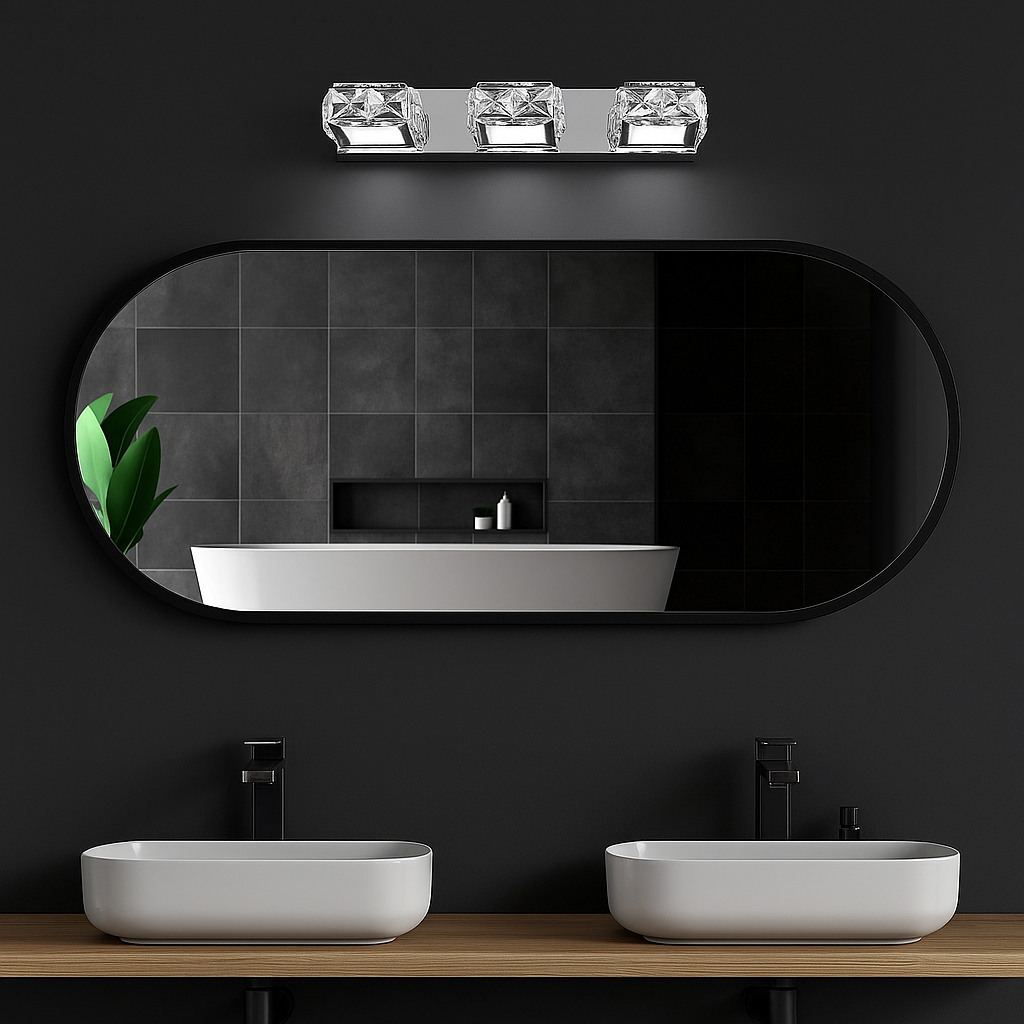Luxury crystal LED vanity light bar with three clear faceted glass shades on a chrome mount, ideal for upscale bathroom mirror lighting in modern interiors.
