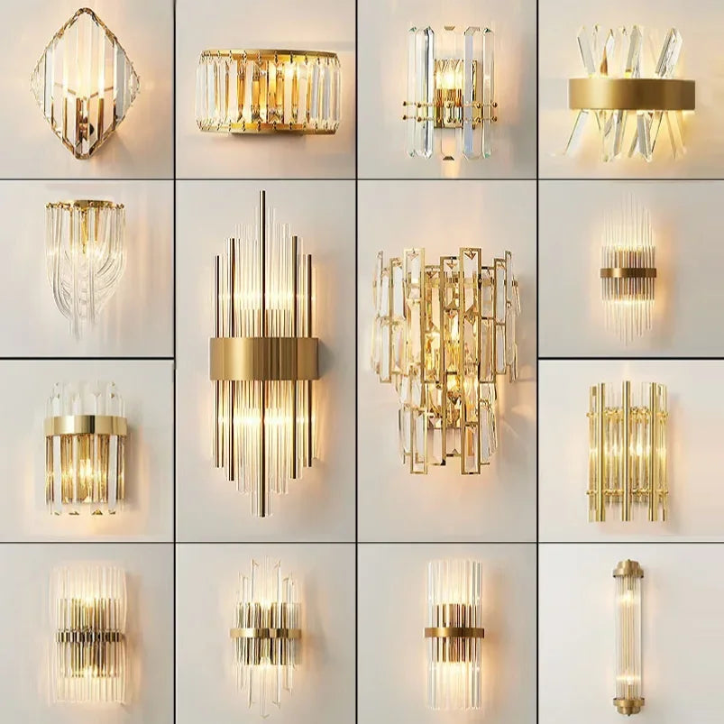 Assorted collection of luxury crystal wall sconces in gold and glass finishes, featuring modern geometric and vertical designs. Ideal for upscale interiors, hallways, and vanity walls.