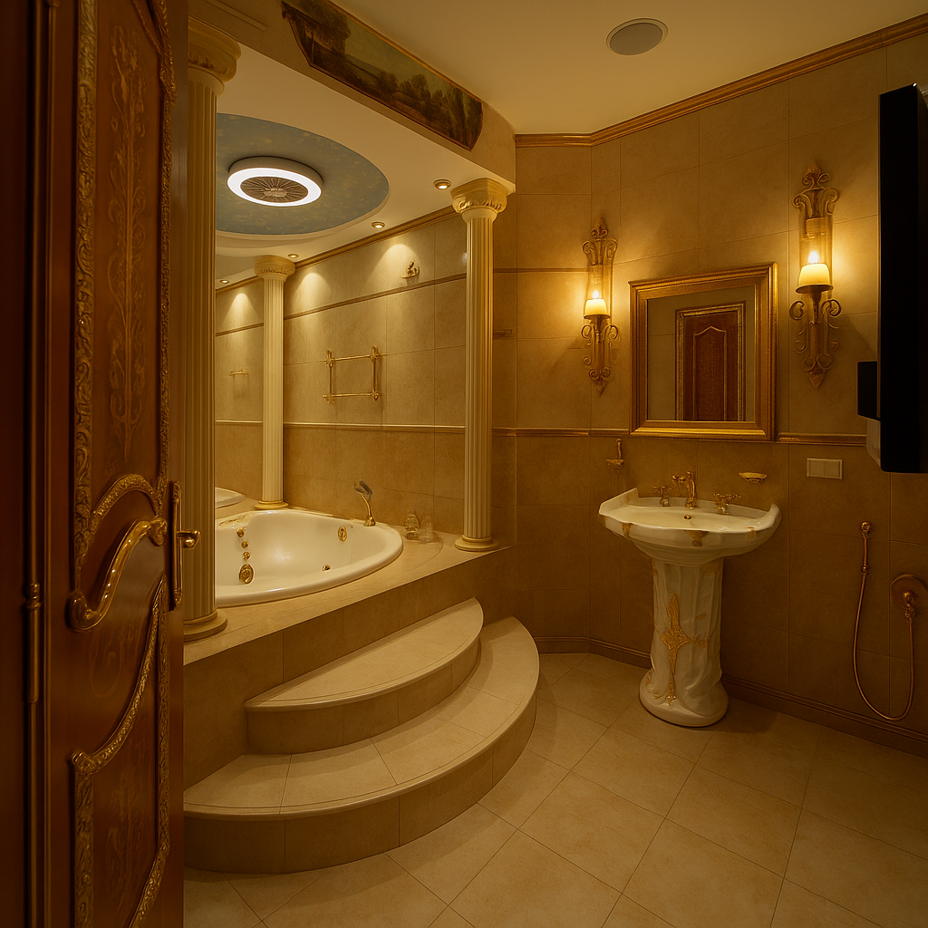 Elegant Roman-style luxury bathroom with golden fittings, classical columns, jacuzzi tub, and ornate lighting ideal for upscale interior design inspiration.