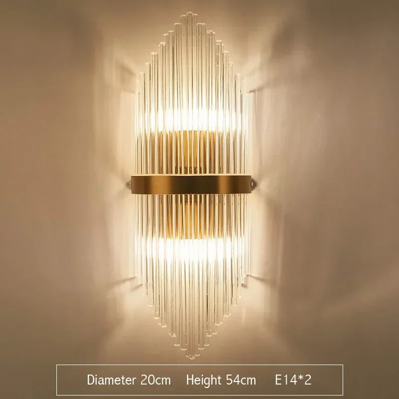 Luxury wall sconce with tapered crystal rods and gold center band, height 54cm, diameter 20cm. Uses E14 bulbs, perfect for hallways, staircases, or high-end living room décor.