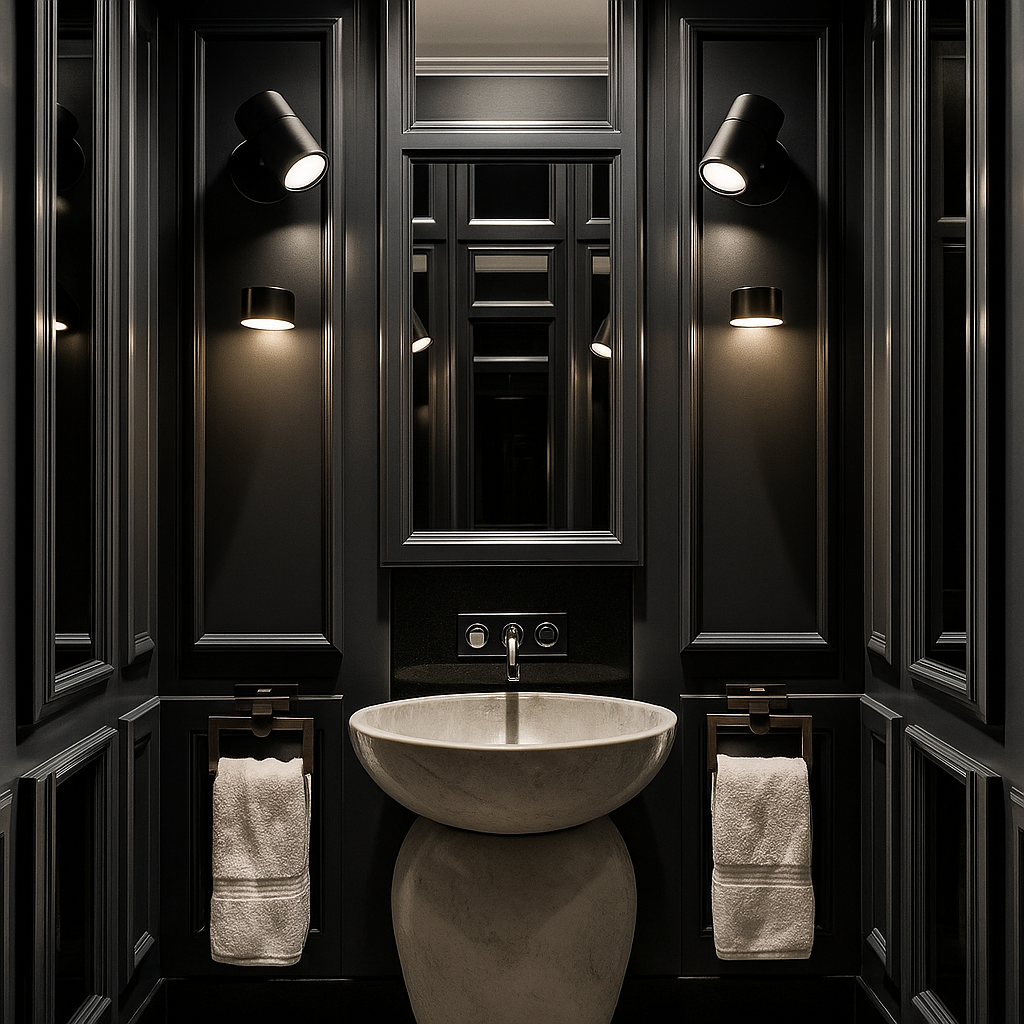 Sophisticated black bathroom with matte black wall-mounted spotlights illuminating a pedestal sink and mirror.