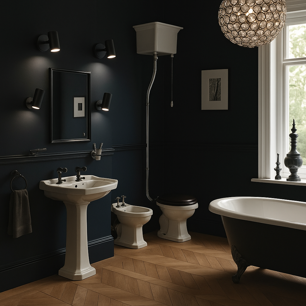 Matte black cylinder spotlights mounted above and beside a bathroom mirror, casting direct light against deep navy walls in a vintage-inspired space with pedestal sink and freestanding tub.