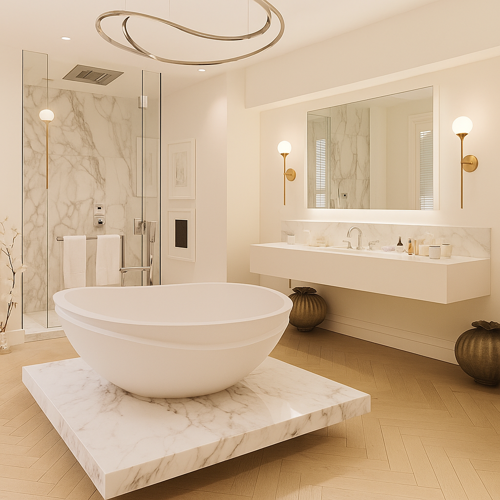 Elegant marble bathroom featuring a floating vanity, modern freestanding tub on a marble platform, and minimalist gold wall sconces with globe lights for a luxurious spa-like ambiance.