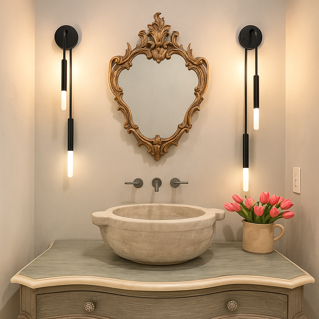 A minimalist bathroom sink with a mirror and two stylish wall lights above it.