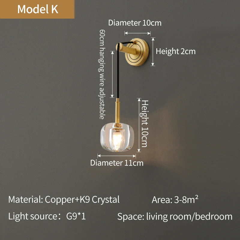 model k bathroom wall sconce with round crystal shade and size guide

