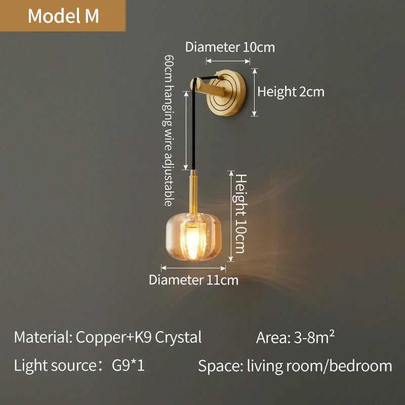 model m bathroom wall sconce with amber glass and dimensions