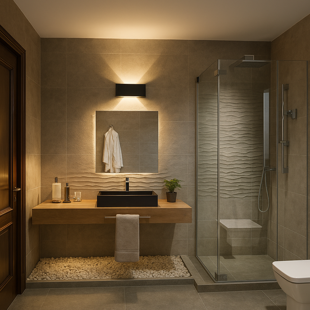 Sleek black up-and-down LED wall light illuminating a modern bathroom vanity with warm ambiance, mounted above a mirror in a minimalist beige tile setting.
