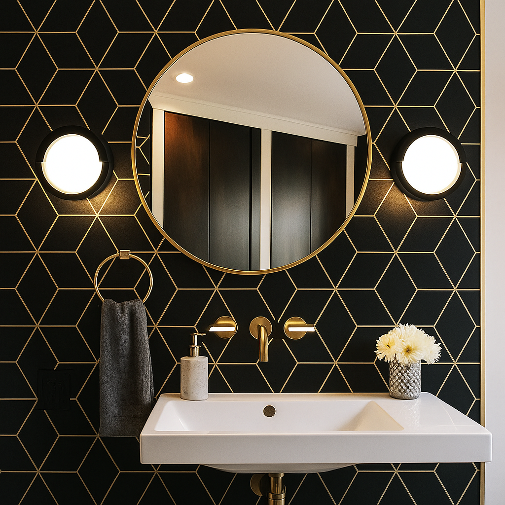 Modern bathroom with black and gold geometric wall tiles, featuring round LED wall lights on both sides of a circular mirror above a white vanity sink.
