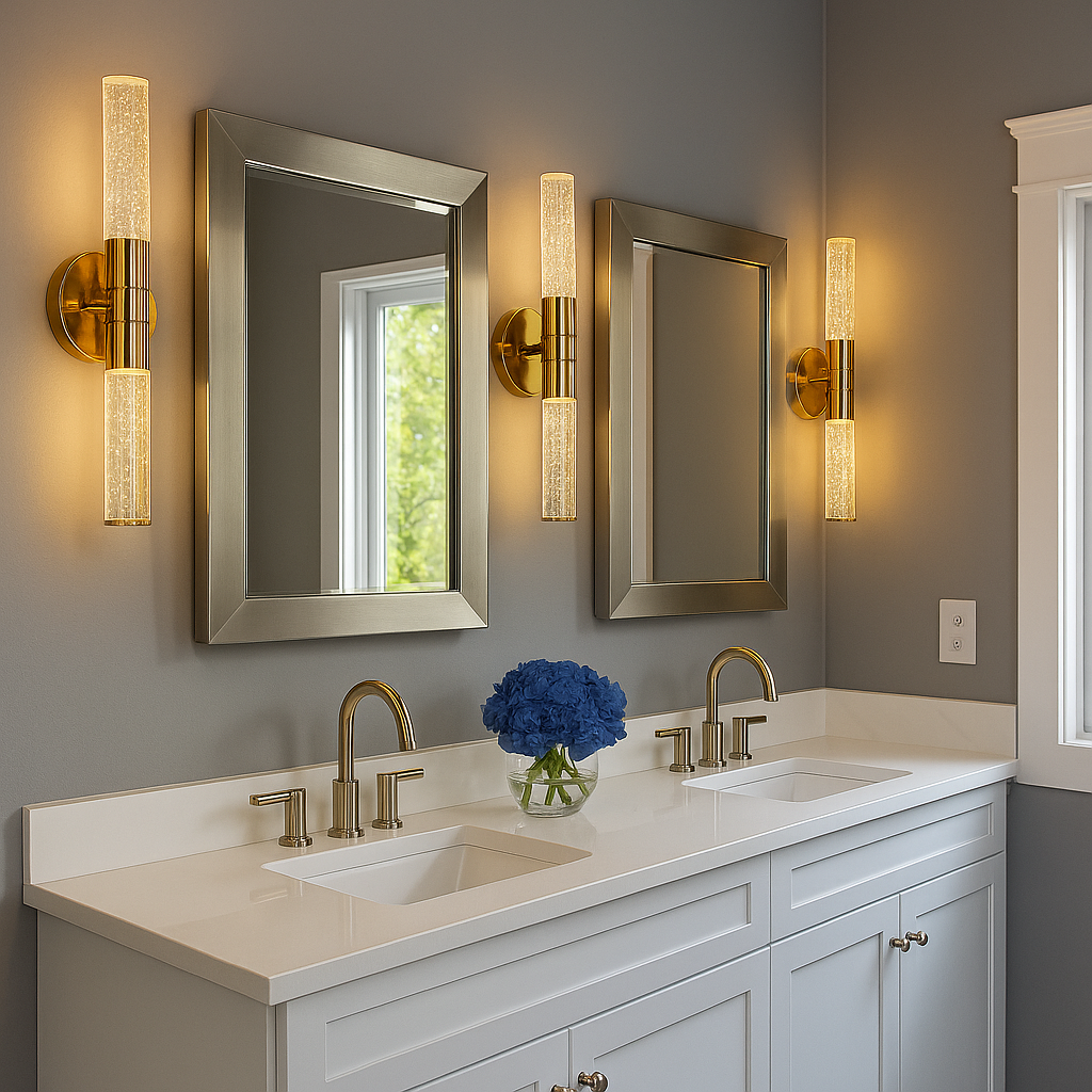 Modern brass bathroom wall sconces installed on both sides of vanity mirrors, featuring cylindrical bubble glass.