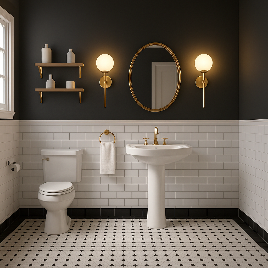 Elegant bathroom with black and white tile design, pedestal sink, oval mirror, and matching gold globe wall sconces. Features gold fixtures, wall shelves, and soft ambient lighting.