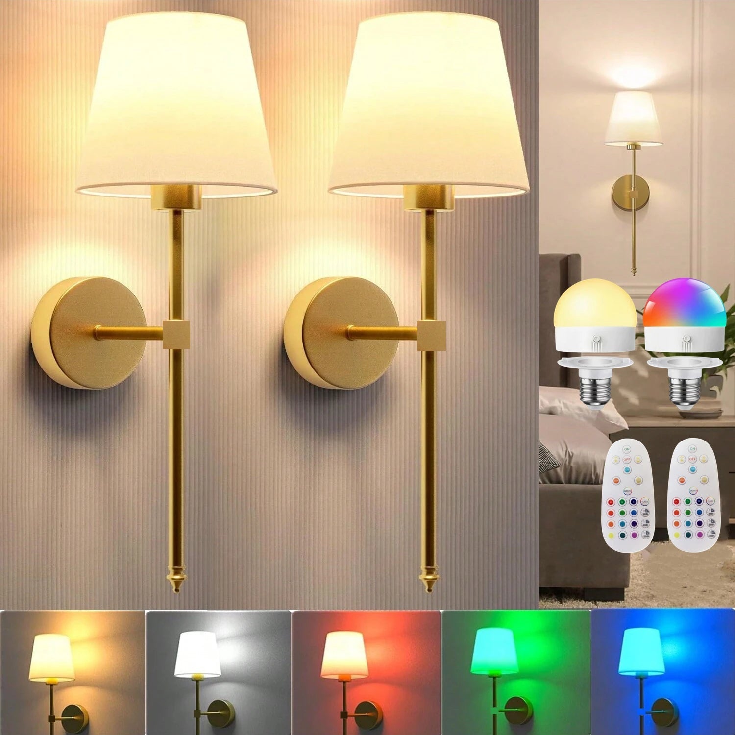 Contemporary gold wall sconce with fabric shade featuring RGB dimmable bulbs and remote control perfect for mood lighting in bedrooms or living rooms.