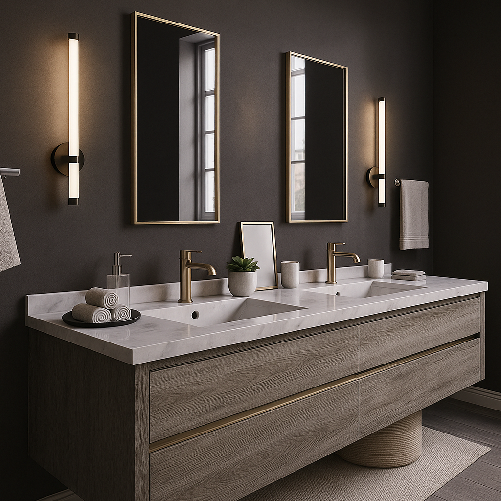 Contemporary LED vanity wall sconces mounted beside mirrors in a double sink bathroom with dark walls and gold accents