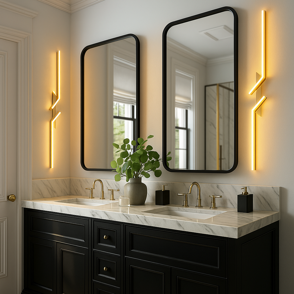 Contemporary LED wall sconces flanking dual mirrors above a double sink vanity with black cabinetry and gold fixtures in a modern bathroom.







