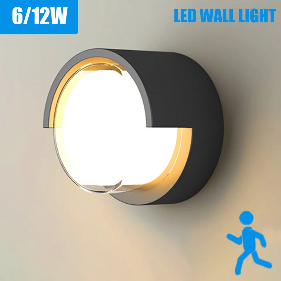 Modern round LED wall light with motion sensor, 6W/12W dual power option, suitable for both indoor and outdoor lighting applications.