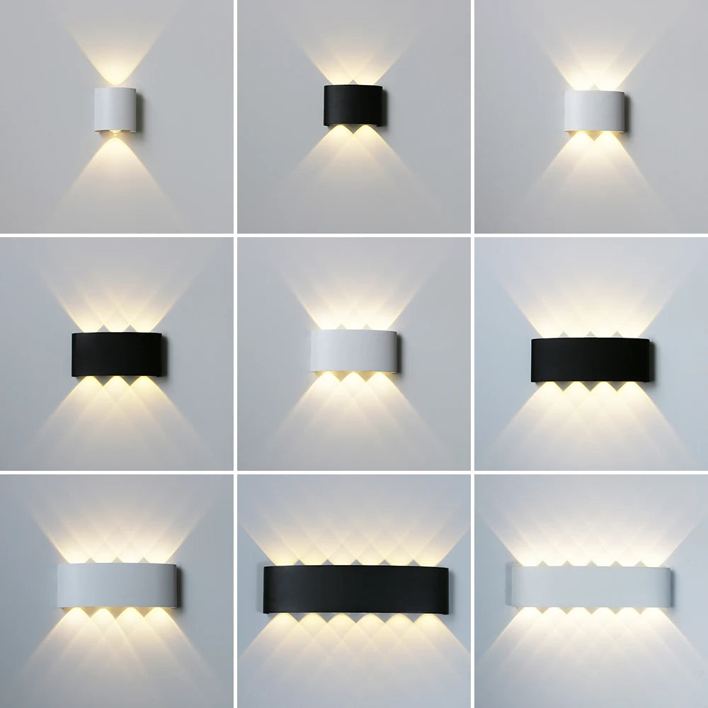 Contemporary LED wall light fixtures in black and white with adjustable up-and-down beam design, ideal for hallway, bedroom, or modern living room ambiance lighting.