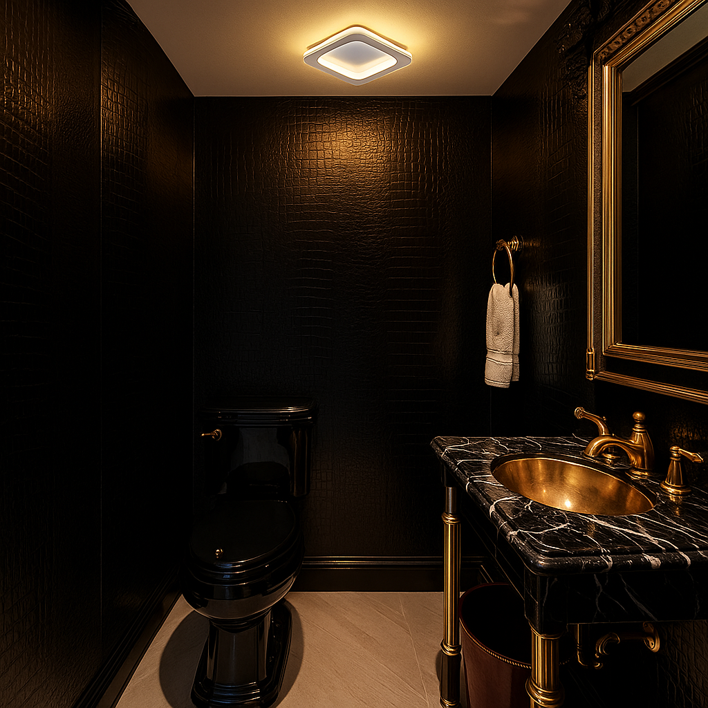 Elegant modern square flush mount ceiling light with warm LED glow, featured in a luxury black and gold bathroom interior with a marble vanity and gold fixtures.