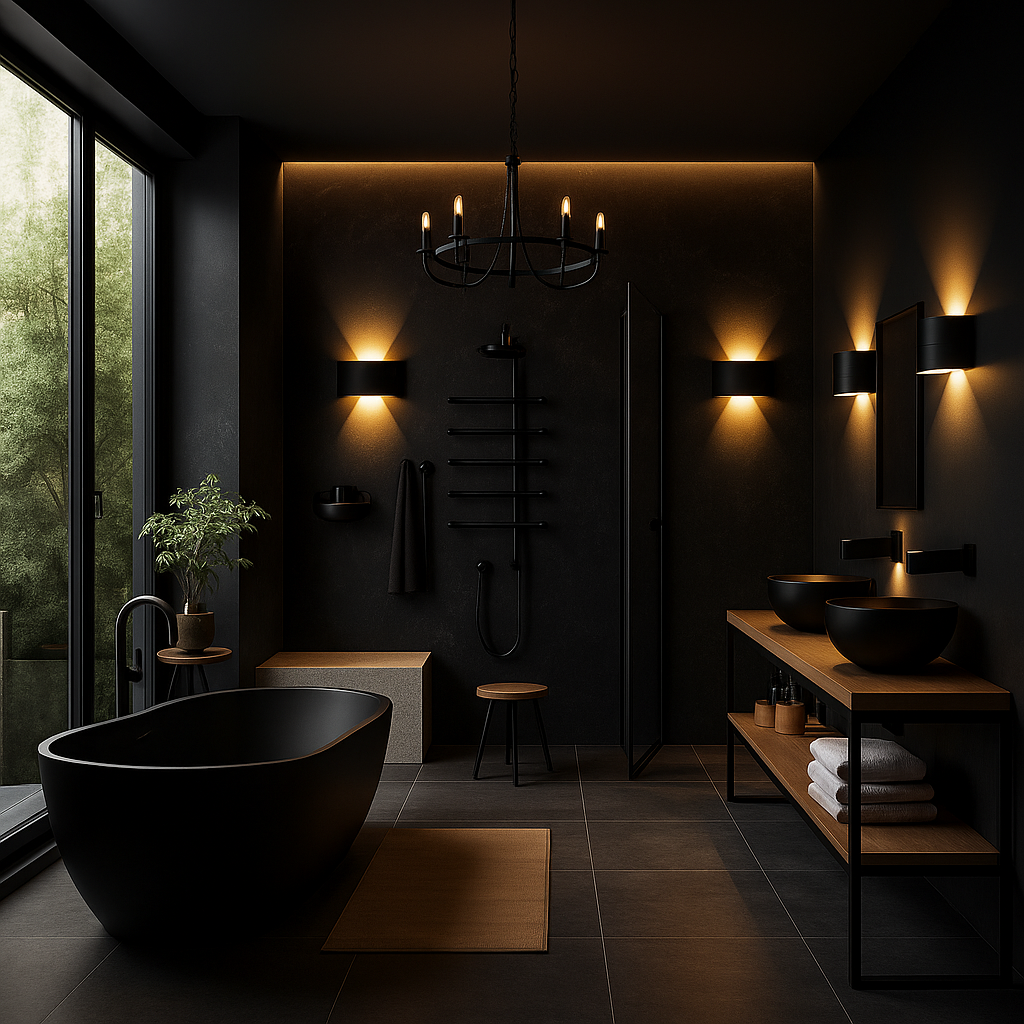 A modern bathroom with black walls and fixtures, a freestanding tub, double sinks, wooden shelves with towels, a stool, and a large window overlooking greenery.