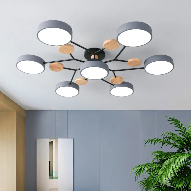 Contemporary ceiling light with a minimalist design and warm wooden details, perfect for modern interiors.