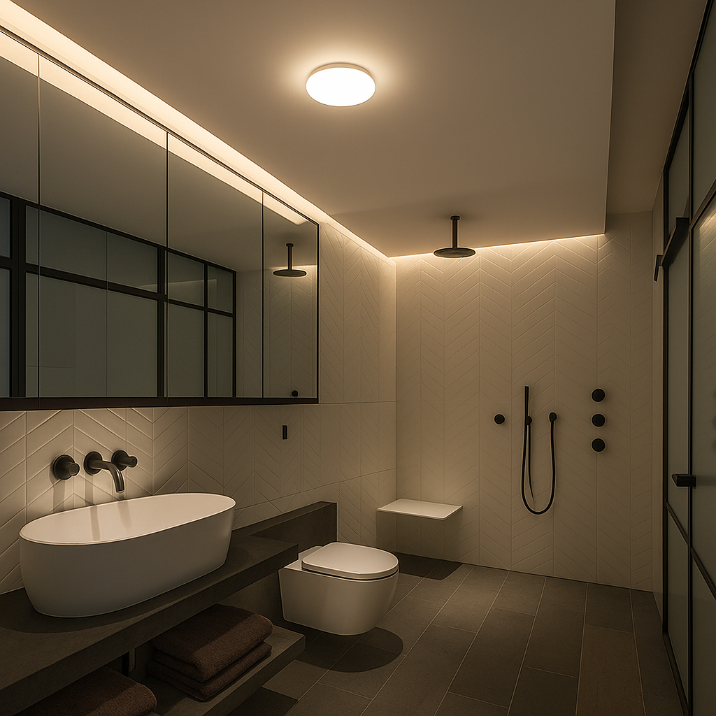 modern bathroom with motion sensor wall light mounted on ceiling