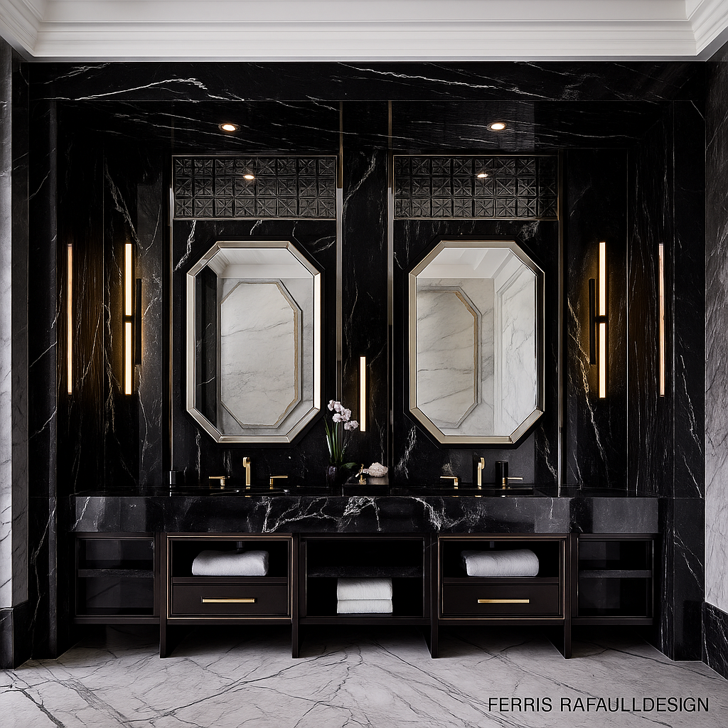 A stylish bathroom with striking black marble walls complemented by shiny gold details.