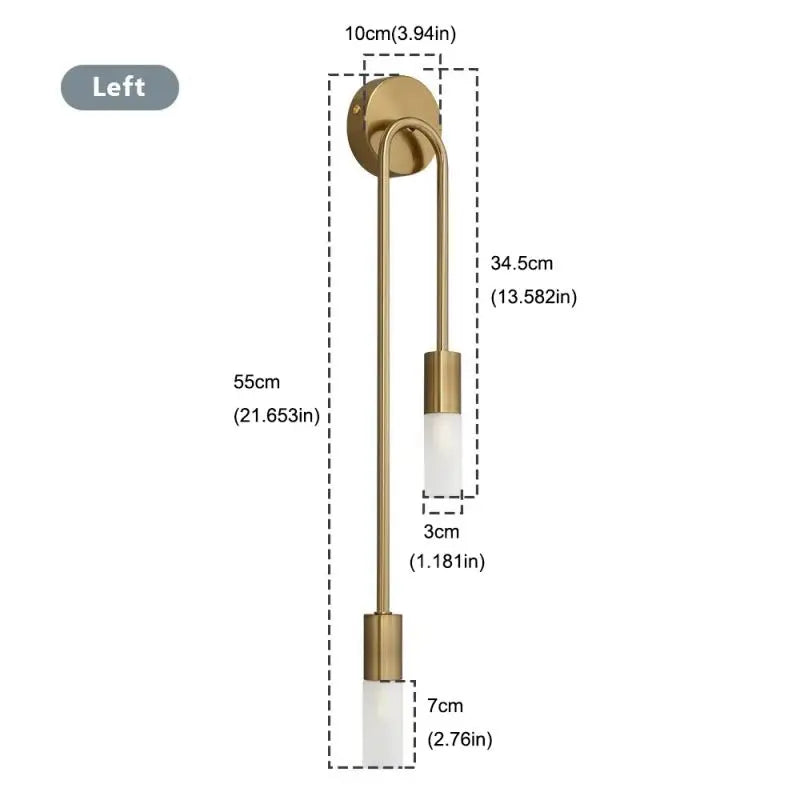 Size details for a sleek 2-light brass wall sconce, perfect for modern bathrooms.