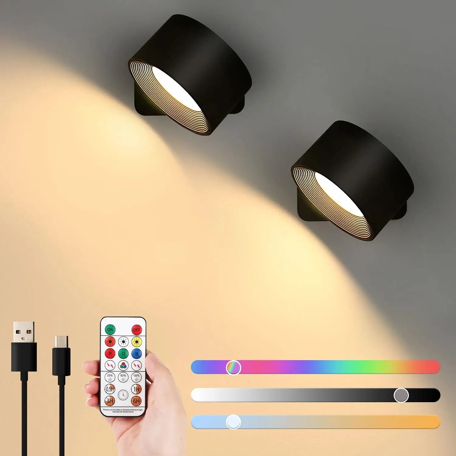 a person holds a remote control in one hand and two lights in the other, ready to adjust the lighting.