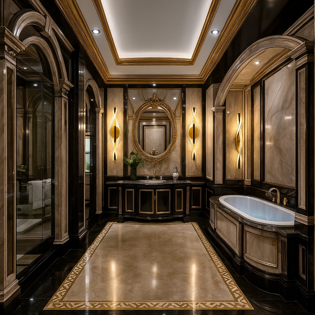 A collection of luxury bathroom design ideas showcasing chic vanities, spa-like features, and sophisticated decor elements.