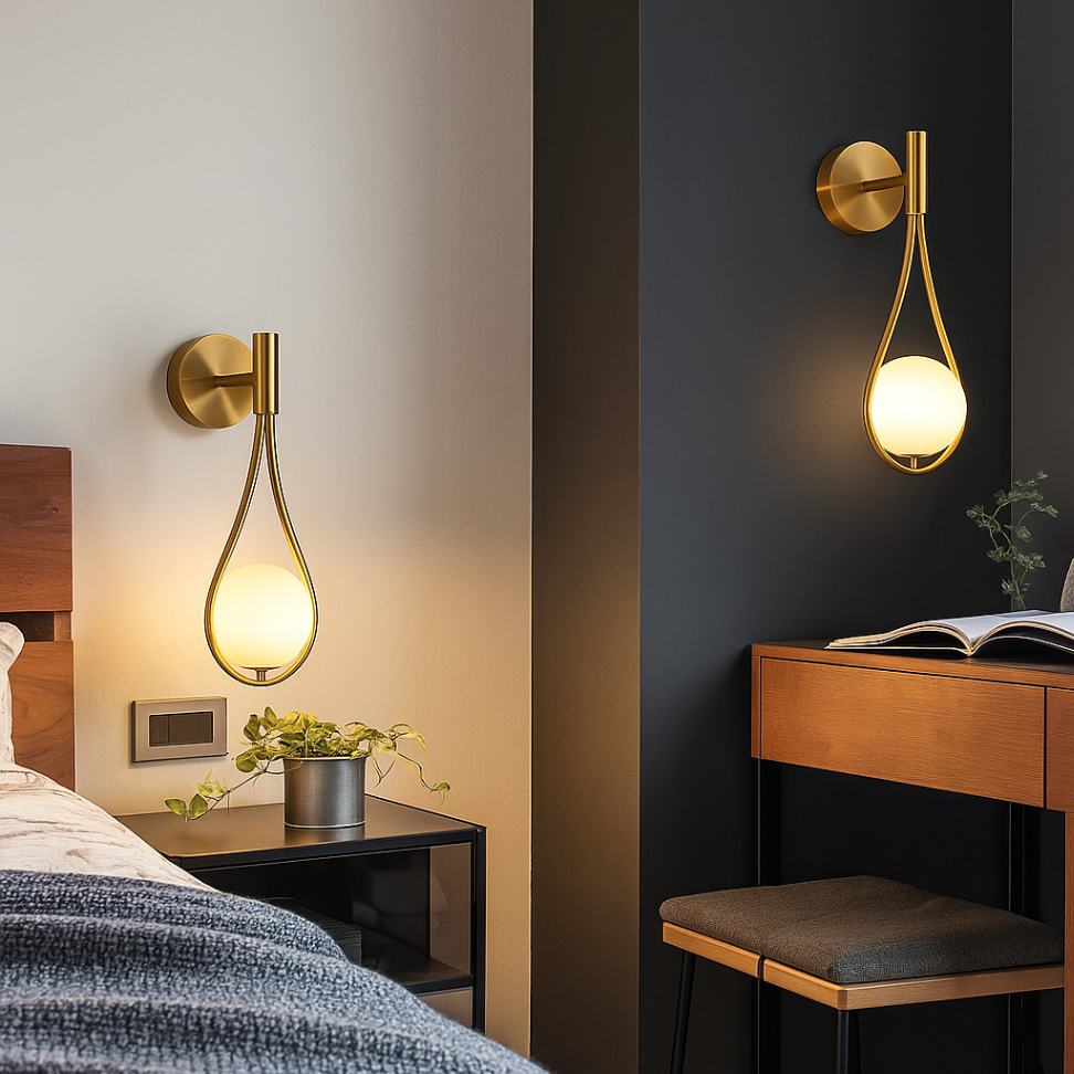 Sleek brass wall sconce light with teardrop glass globe, mounted near a mirror to enhance light and decor in high-end bathroom settings.