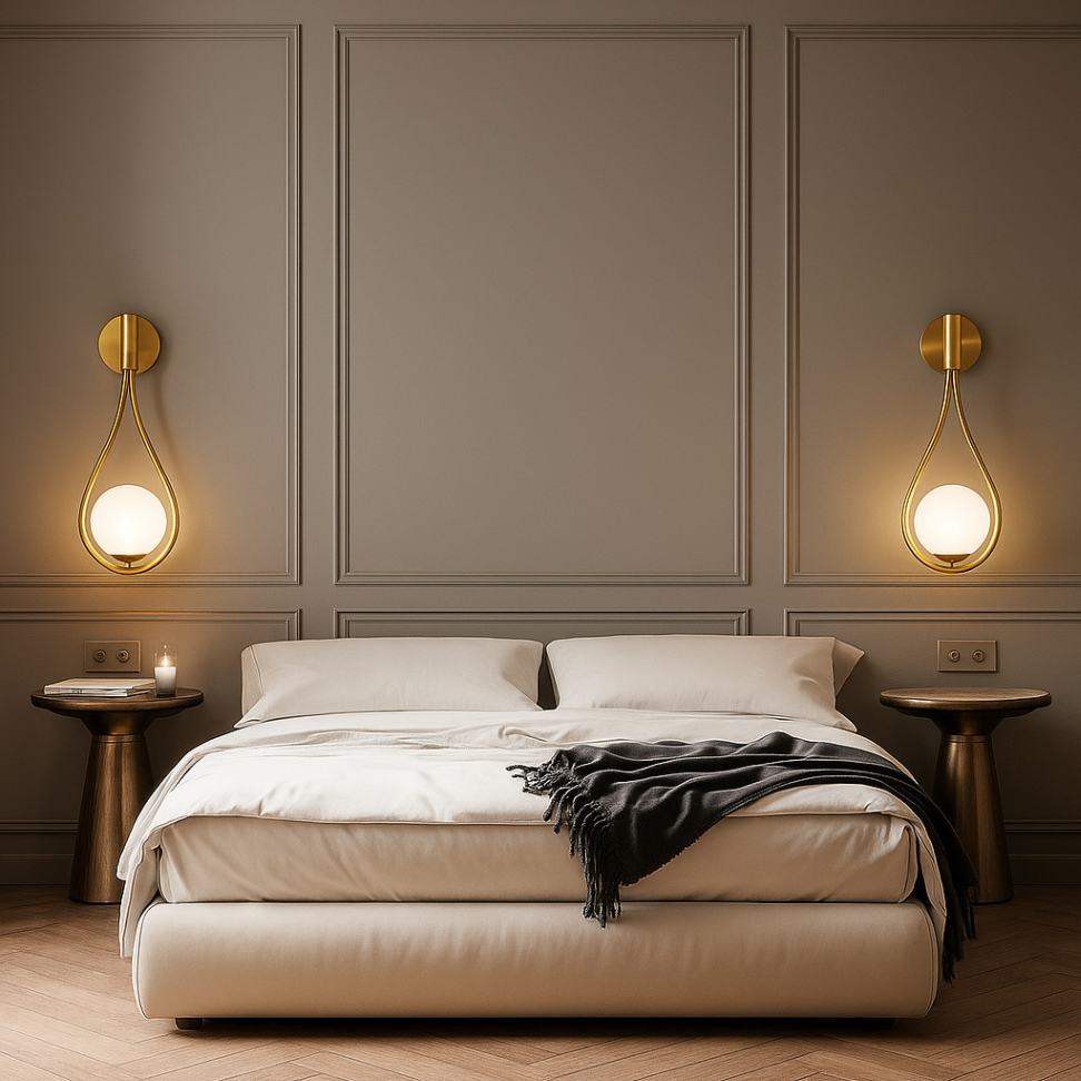 Sleek brass wall sconce light with teardrop glass globe, mounted near a bed to enhance light and decor in high-end room settings.